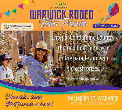 Picture contains a photograph of a happy parade entrant and details of the Warwick Rodeo Street Parade for 2022
